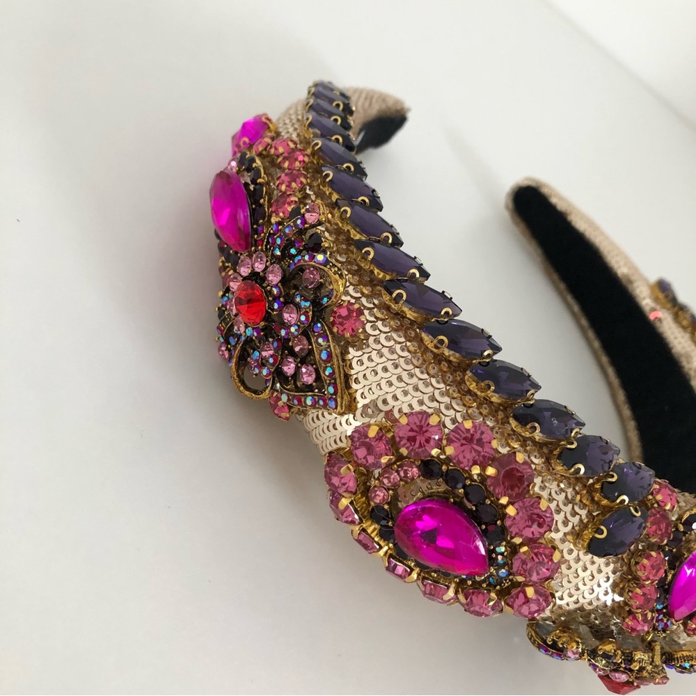 Handmade Hairband Headband Gold Pink Multicoloured Rhinestone Wedding Occasion - Picture 13 of 16